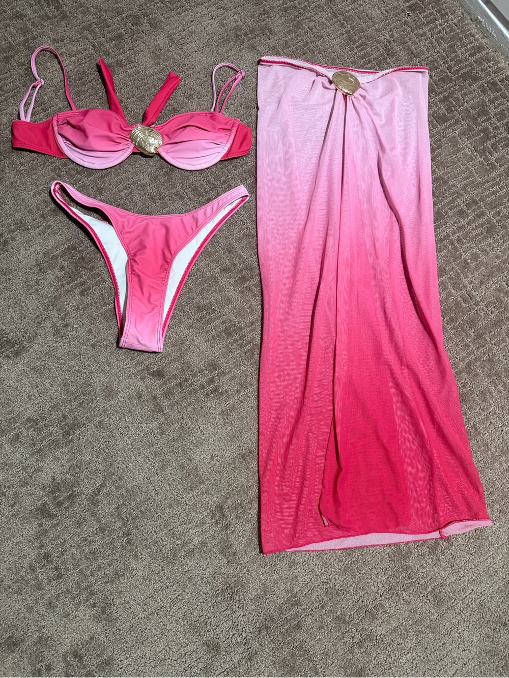 Pink Y2K Bikini Set + Sheer Mesh Cover-Up Skirt/Dress – Size S